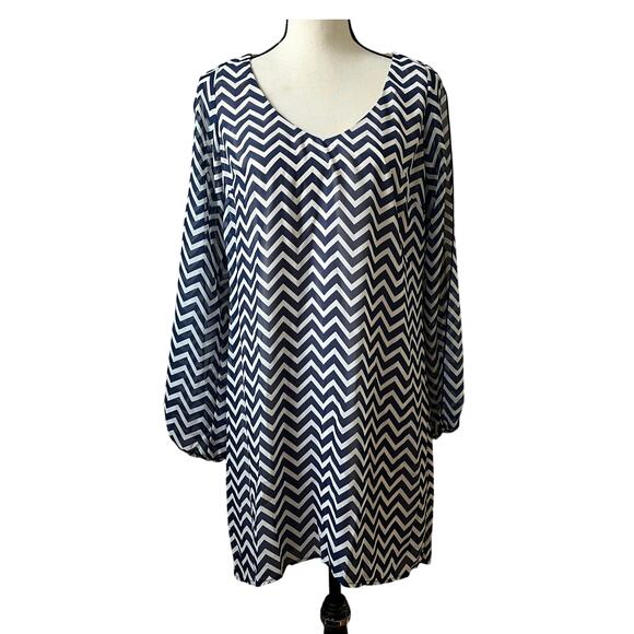 Speechless Shift Dress Large Blue Chevron Tunic Long Sleeve Overlay V Neck - Picture 1 of 14